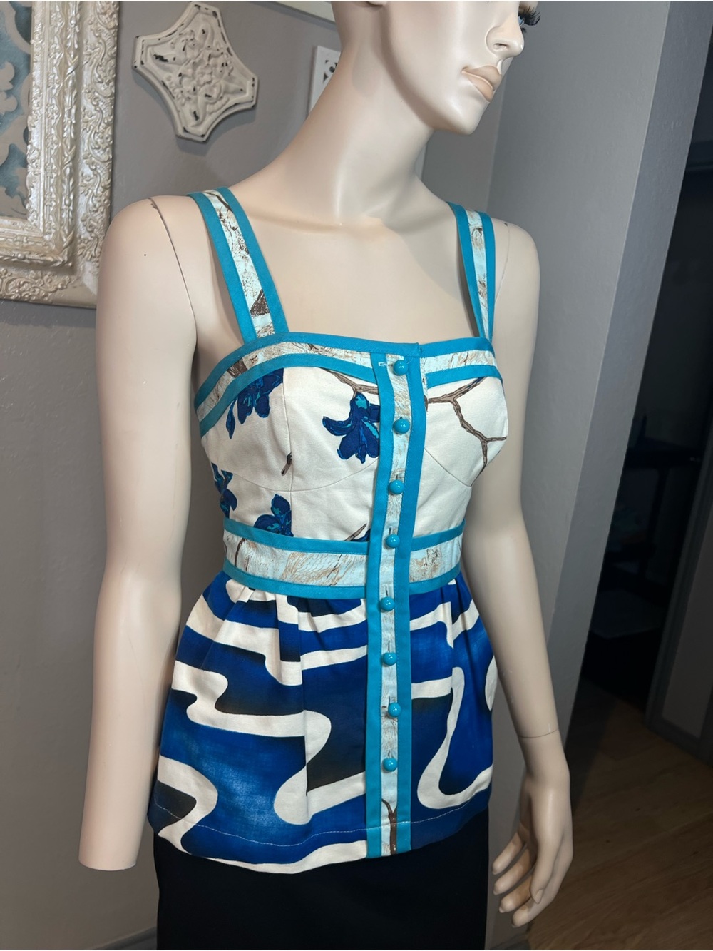 Tracy Reese Blue, Turquoise and White Floral Print Peplum Camisole - Picture 4 of 7